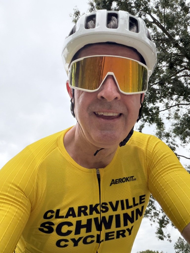 David Sommerville wearing cycling kit and a helmet